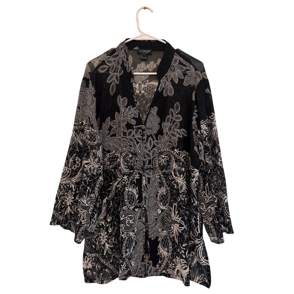 Citron silk blend sheer black floral paisley tunic top 1X Whimsygoth 90s chic